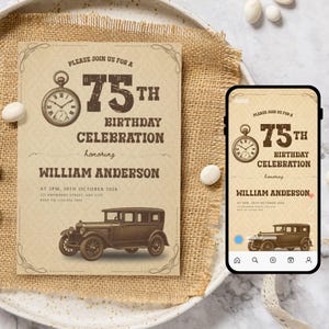 Vintage 75th Birthday Invitation Template Canva | Editable Adult Birthday Invite for Him | Classic Car Design Printable