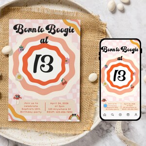 Groovy 13th Birthday Invitation: Retro Dance Party, Editable Canva Template (Digital Download)