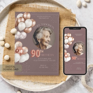 Elegante uitnodigingssjabloon 90e verjaardag - roségoud en ballonthema | kaart verjaardagsfeestje | 90e verjaardagsfeestje