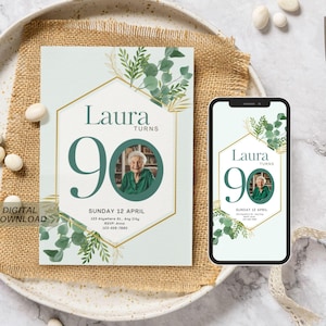 Canva-sjabloon 90e verjaardag groen uitnodigen | kaart verjaardagsfeestje | Bewerkbare uitnodiging voor mijlpaalevenement, 90e verjaardag