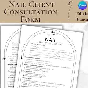 Peut inclure: Deux formulaires blancs de consultation client pour les ongles avec du texte noir. Les formulaires comprennent des sections pour les informations du client, l'évaluation de la santé des ongles, les services souhaités et les détails de la conception.