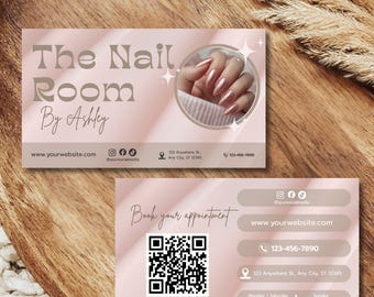 Rose Gold Nail Tech Business Card Template Canva, Editable Hair Stylist Lash Artist Salon Branding, DIY Esthetician QR Code Stationery 2x3.5