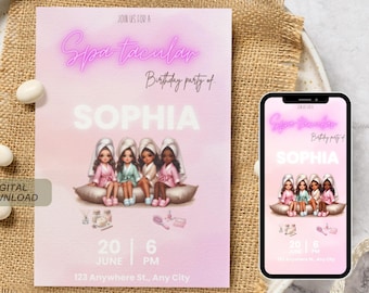 May include: A pink and white digital invitation for a spa-themed birthday party. The invitation features a neon pink sign that says "Spa-tacular" and the name "Sophia". The invitation also includes a date and time, June 20th at 6 PM, and an address, 123 Anywhere St., Any City.