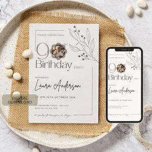 Minimalistische 90e verjaardag uitnodiging canvassjabloon | kaart verjaardagsfeestje | Bewerkbare uitnodiging voor mijlpaalevenement, 90e verjaardag