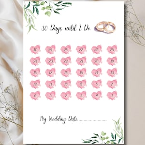 Wedding Countdown Calendar Printable: Floral Design, Bride-to-Be Gift (A4, US Letter, PNG Bundle)