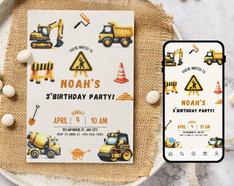 Könnte beinhalten: Eine Geburtstagseinladung mit Grafiken zum Thema Bau. Die Einladung zeigt einen gelben Bagger, einen Muldenkipper und andere Bauelemente. Der Text lautet "Noah's 3rd Birthday Party!" und enthält Datum, Uhrzeit und RSVP-Informationen.