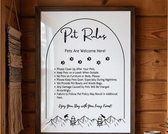 Airbnb Pet Rules Sign Template for Modern Cabin, Pet Friendly Rental Policy Poster, Canva Editable Mountain Cabin Signage, US Letter & A4