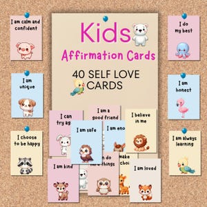 40 druckbare positive Affirmationskarten für Kinder, 40 druckbare positive Karten, Kinder-Lunchbox-Notizen, Klassenzimmerdekor, süße Tier-Selbstwertkarten