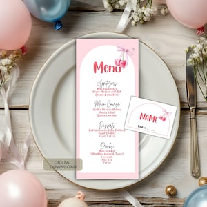 Lei è la ciliegina sulla torta Baby Shower Menu e modello di segnaposto / Modello Canva modificabile e stampabile / Baby shower a tema ciliegia