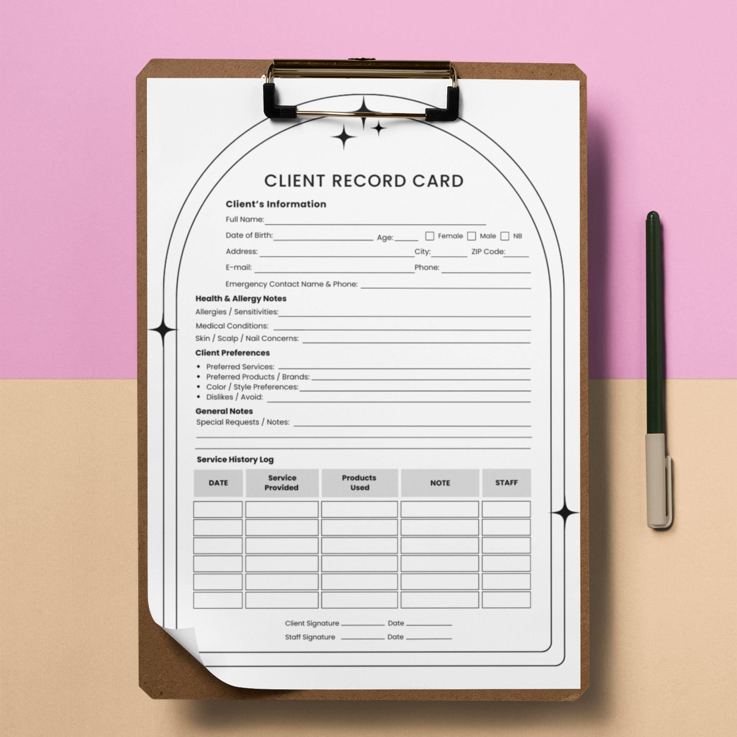 Client Record Card Printable, Service History Log, Client Profile Card ...
