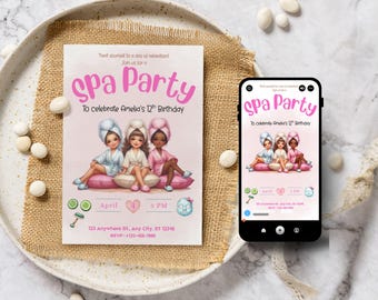 May include: Spa party invitation with a pink background and three girls wearing spa robes and headbands. The text reads "Spa Party" and "To celebrate Amelia's 12th Birthday".