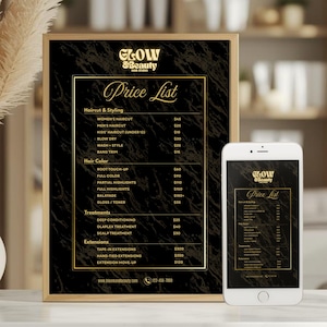 Può includere: Un listino prezzi incorniciato di Glow & Beauty Hair Studio, con un listino prezzi corrispondente visualizzato su uno smartphone. Il listino prezzi presenta servizi come tagli di capelli, colore dei capelli, trattamenti ed extension. Lo sfondo è in marmo nero con testo dorato.