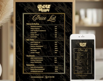 Modello di listino prezzi per parrucchieri / Menu per parrucchieri di lusso in nero e oro / Listino prezzi stampabile per bellezza glamour moderna