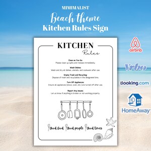May include: A minimalist beach-themed kitchen rules sign. The white sign features black text with rules like "Clean as You Go" and "Wash Dishes." Decorative elements include kitchen utensils and seashells. The background shows a beach scene.