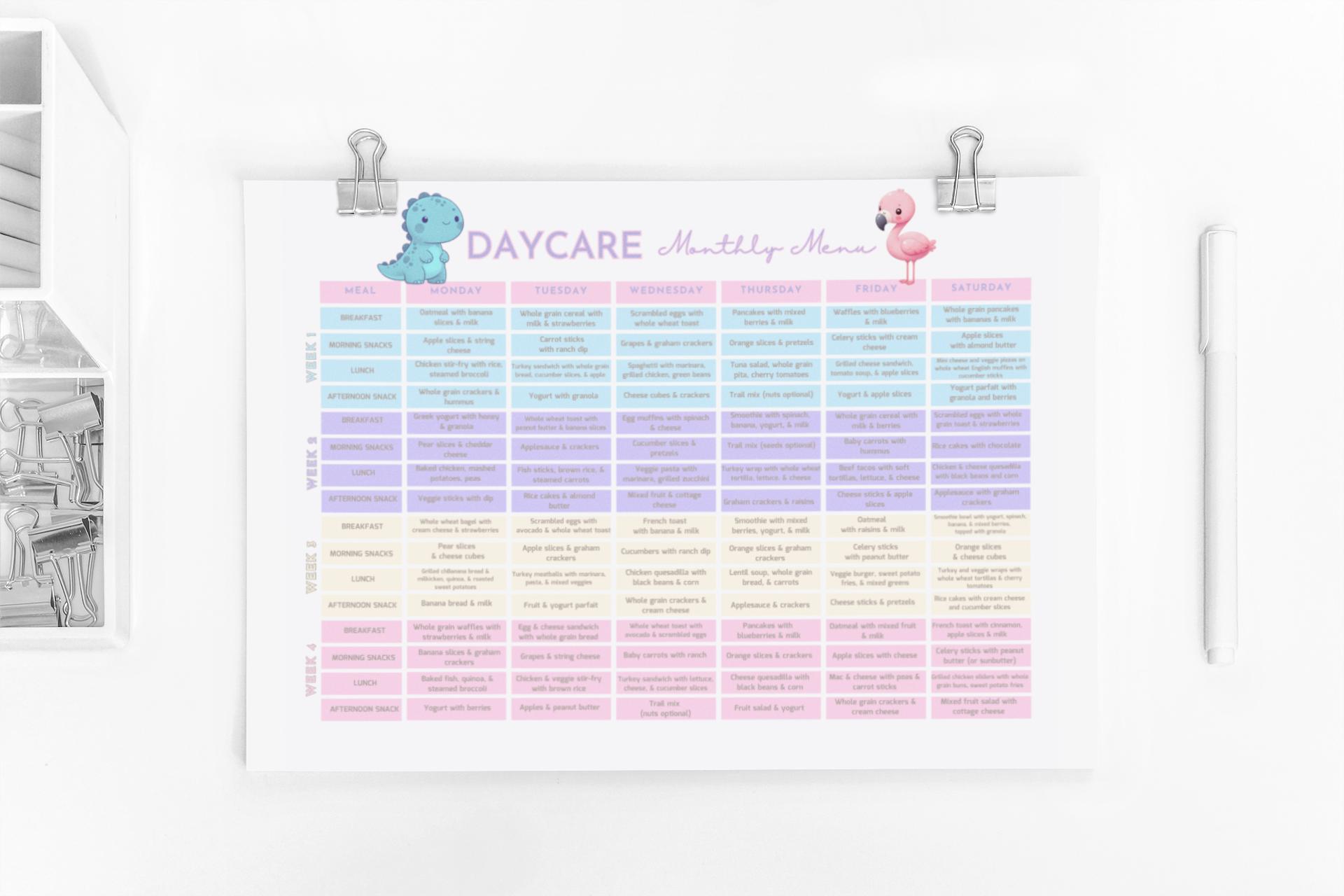 Daycare Monthly Menu Template Pastel Theme Printable Meal Planner for