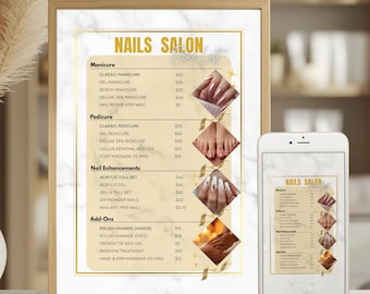 Editable Nail salon Price list flyer template, Beauty Nail Service Prices Menu