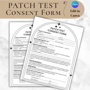 May include: Two white Patch Test Consent Forms with black text. The forms include sections for client information, service details, medical disclosures, and client acknowledgment. The Canva logo is visible in the upper right corner.