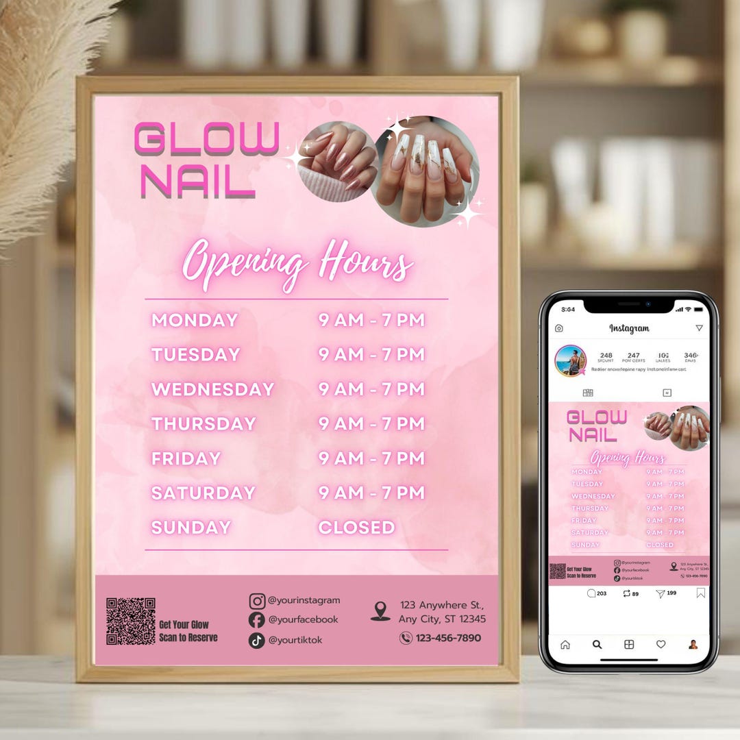 Salon Operating Hours Example Nail Salon Opening Hours Sign Canva Template, Pink Business Time Poster ...
