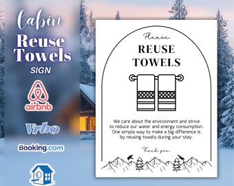 Airbnb Reuse Towels Sign Template, Mountain Cabin Bathroom Decor, Eco Friendly Vacation Rental Signage, Editable Canva Template