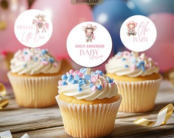Cowgirl Theme Baby Shower Cupcake Toppers Canva Template, 2x2" Printable, A4 & US Letter Paper, 12 toppers per Page - Digital Download
