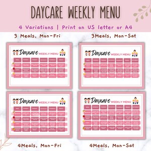 Daycare Weekly Menu Template, Printable Meal Planner for Kids, EDITABLE Printable weekly Menu, Meal planning, Monthly menu, kids meal idea