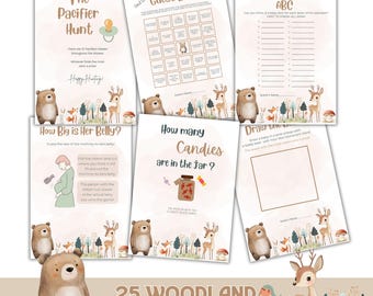 Plantilla de Canva de juegos para baby shower en el bosque / 25 juegos para fiestas en el bosque / Actividades imprimibles para baby shower / Descarga instantánea