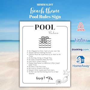 May include: A minimalist beach-themed pool rules sign. The white sign features a pool graphic and a list of rules in black text. The sign includes the text "Enjoy!" and logos for Airbnb, Vrbo, Booking.com, and HomeAway.