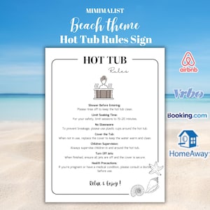 Airbnb Hot Tub Rules Sign | Coastal Spa Instructions Printable | Airbnb, Vrbo, Vacation Rental Decor | Minimalist Beach Theme sign