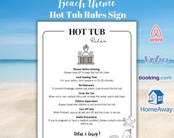 Airbnb Hot Tub Rules Sign | Coastal Spa Instructions Printable | Airbnb, Vrbo, Vacation Rental Decor | Minimalist Beach Theme sign