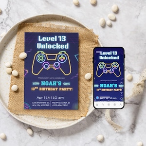 Level 13 Unlocked Birthday Invitation | Gamer Party Canva Template | Editable 13th Birthday Invite for Boys