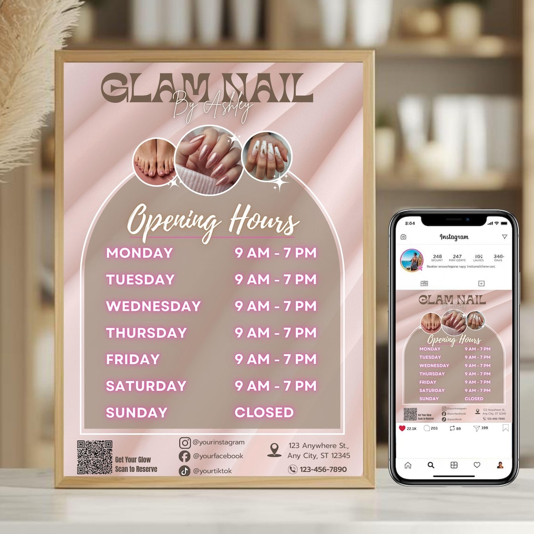 Salon Operating Hours Example Nail Salon Opening Hours Sign Canva Template, Glam Pink Business Time ...