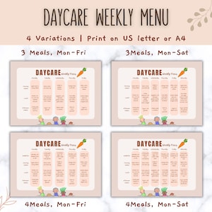 Daycare Weekly Menu Template, Printable Meal Planner for Kids, EDITABLE Printable weekly Menu, Meal planning, Monthly menu, kids meal idea