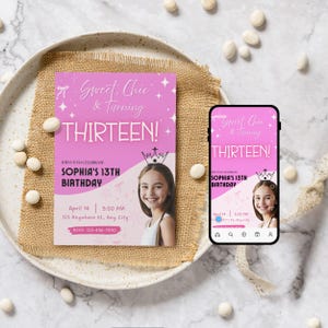 Bearbeitbar Mädchen zum 13. Geburtstag | Sweet 13 Canvas Template Pink Party Einladen | Digitale Tween Geburtstagskarte