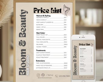 Listino prezzi per saloni di parrucchiere neutri / Menù per parrucchieri in marmo beige, Listino prezzi per saloni moderni e minimalisti, Listino prezzi modificabile