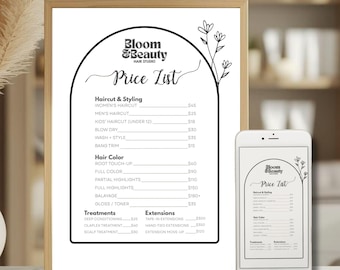 Listino prezzi per parrucchieri / Menu minimalista per parrucchieri, Listino prezzi per saloni di bellezza, Insegna moderna per saloni di bellezza, Decorazioni per parrucchieri, Modello modificabile