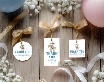 May include: Three thank you tags featuring a cowboy riding a horse illustration. The tags are white with blue text and are tied with gold ribbon. The text on the tags reads "Thank You for celebrating with us!"