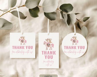 May include: Three printable thank you tags featuring a watercolor illustration of a girl riding a pink horse. The text on the tags reads "Thank you for celebrating with us!"