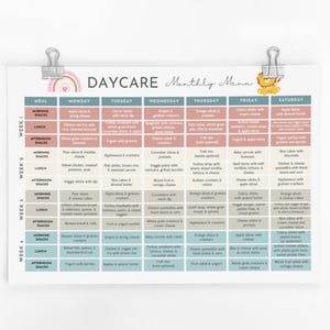 May include: A printable daycare monthly menu with a rainbow and a lion illustration. The menu includes a list of meals and snacks for each day of the week, including breakfast, lunch, and snacks.