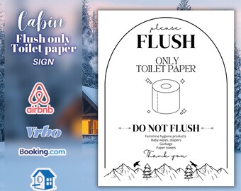 Flush Only Toilet Paper Bathroom Sign Template, Mountain Theme Small Business Restroom, Airbnb Decor