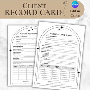 Könnte beinhalten: Zwei weiße Kundenkarteikarten mit schwarzem Text. Die Karten haben Abschnitte für Kundeninformationen, Gesundheitsnotizen und Serviceverlauf. Oben auf den Karten steht "CLIENT RECORD CARD" in großen, fetten Buchstaben. Das Canva-Logo befindet sich oben rechts.