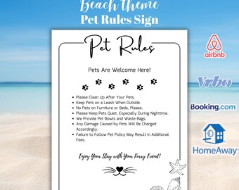 Bord met Airbnb-regels voor huisdieren | Afdrukbaar huisdierbeleid vakantiewoningen voor korte termijn, HomeAway, Coastal Homes | Minimalistisch bord met strandthema
