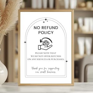 May include: A framed sign with the text "NO REFUND POLICY" in black. The sign includes an illustration of a hand holding money with a curved arrow. The text below states no refunds are offered. The bottom of the sign says "thank you for supporting our small business."