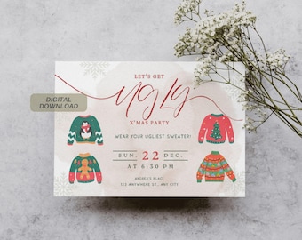 Modello invito festa maglione di Natale brutto Canva / Biglietto di Natale divertente / Biglietto invito festa di Natale / Modello biglietto di Natale