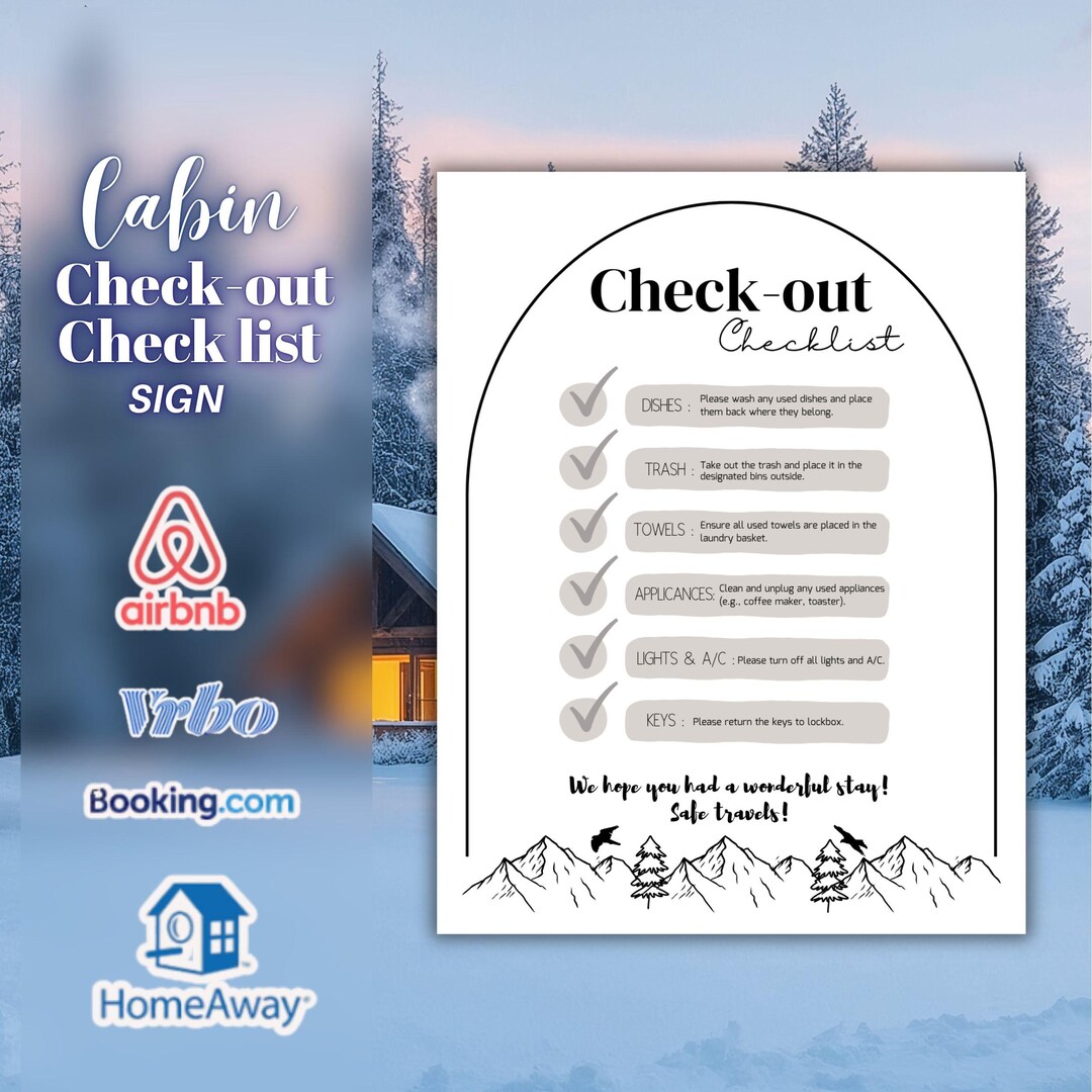 Cabin Check-out Checklist Sign Template, Airbnb Checkout Instructions ...