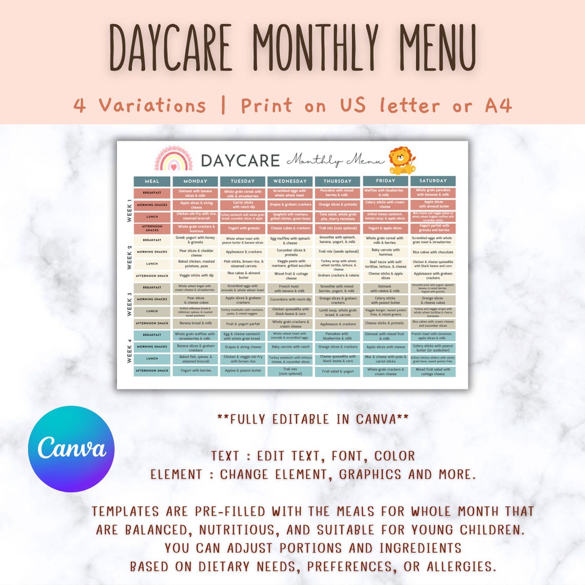 Daycare Monthly Menu Template, Printable Meal Planner for Kids ...