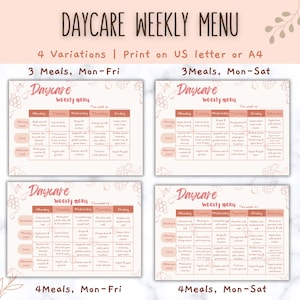 Daycare Weekly Menu Template, Printable Meal Planner for Kids, EDITABLE Printable weekly Menu, Meal planning, Monthly menu