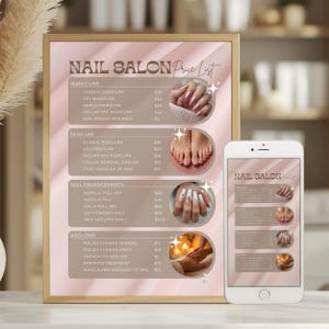 Puede incluir: Una lista de precios de salón de uñas enmarcada con una pantalla de teléfono a juego que muestra la misma información. La lista de precios incluye manicura, pedicura, mejoras de uñas y complementos. La combinación de colores es rosa suave y blanco.