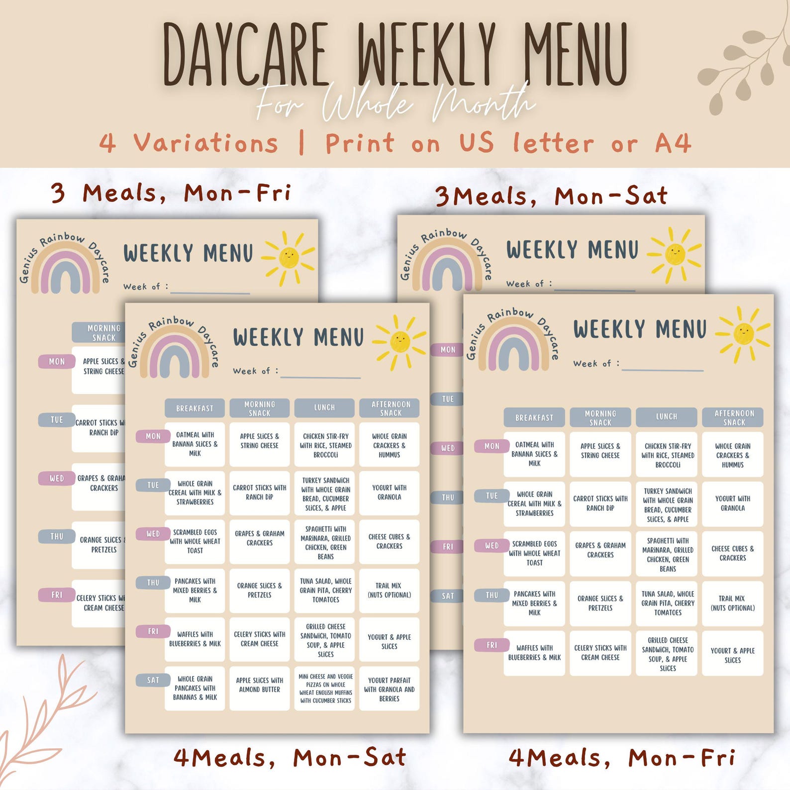 Daycare Menu Template Printable Meal Planner for Kids EDITABLE