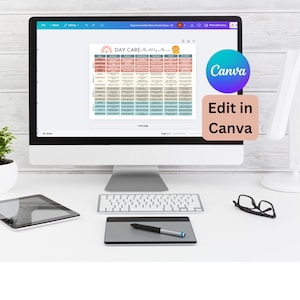 May include: A computer screen displaying a printable day care monthly menu template on Canva. The template is a colorful chart with a lion graphic and the text "DAY CARE Monthly Menu".