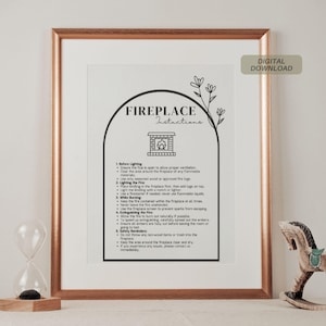 May include: Black and white printable fireplace instructions with a simple illustration of a fireplace. The instructions include safety tips for before, during, and after lighting a fire.